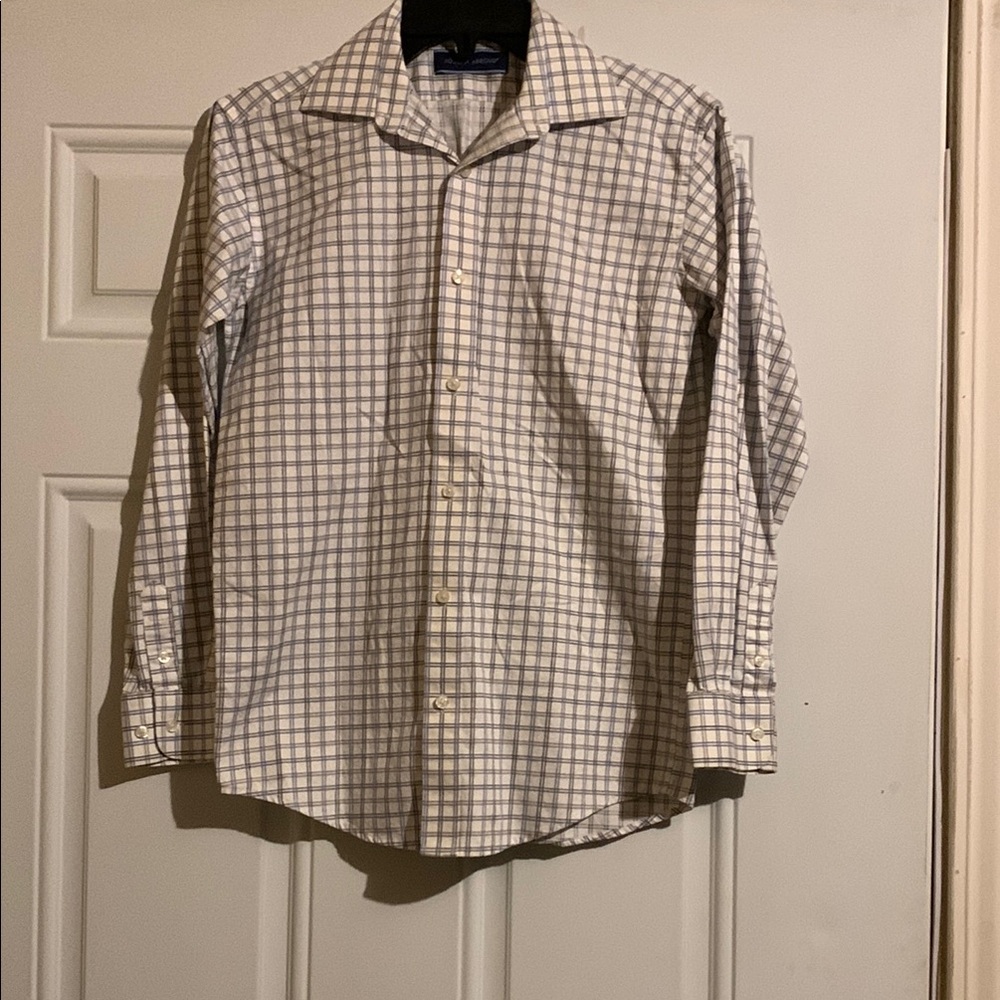 Light Brown and White Checkered Casual Button Down Shirt with Pointed Collar